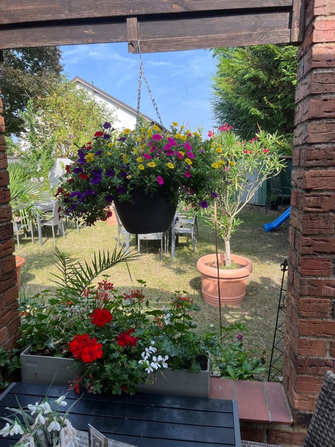 Hängender Pflanzkübel mit bunten Blumen, Garten mit Pflanzen und Möbel im Hintergrund.
